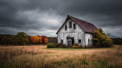 Obraz premium Scenic Autumnal Landscape with a Weathered Barn Under a Dramatic Sky