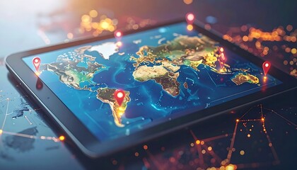 World map displayed on a tablet, surrounded by digital network