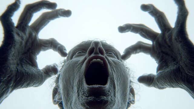 Bottom view close-up realistic screaming zombie with hands in foggy blurry background. Mystical horror Halloween