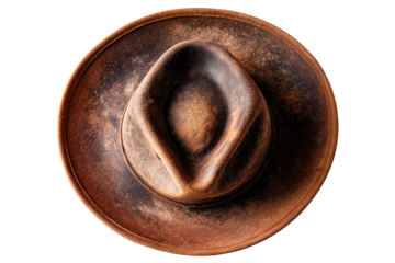 Top-down view of a weathered brown cowboy hat.  A worn, rustic hat with a slightly creased crown and brim