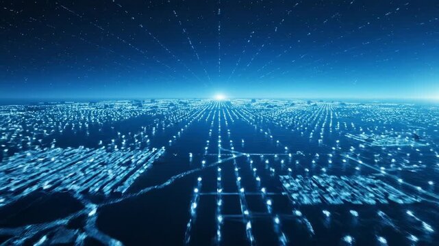 Digital landscape futuristic glowing network nodes data stream connection global communication technology innovation