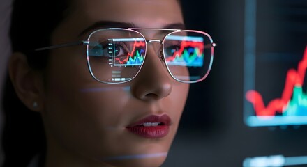 Woman with glasses reflecting stock market data looking at a computer screen closely focused