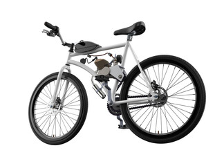 High-res 3D render: DIY motorized bike kit with white frame, black 2-stroke engine. Fuel-efficient urban transport and personal mobility. Transparent PNG for custom projects, alternative commuting.