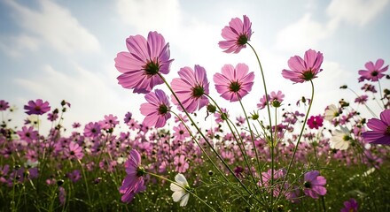 Pink Cosmos Field Under Cloudy Sky.