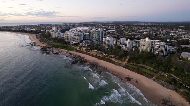 Rocky Shores Of Alexandra Beach In Mooloolaba Esplanade, Mooloolaba, Queensland, Australia. Aerial Drone Shot