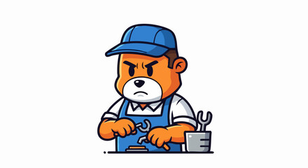 Frowning cartoon bear mechanic in blue overalls and cap holding a wrench.
