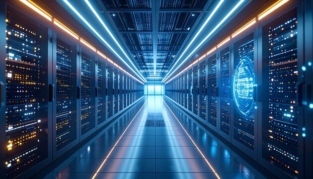 A futuristic server room with rows of glowing racks receding into the distance, highlighted by blue and orange neon lights