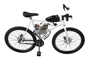 Fototapeta premium High-Resolution Motorized Bicycle with Petrol Engine Kit - Isolated Gas Powered Push Bike on Transparent HD Background, Ideal for Urban Commuter Design Assets and DIY Personal Transport Projects.