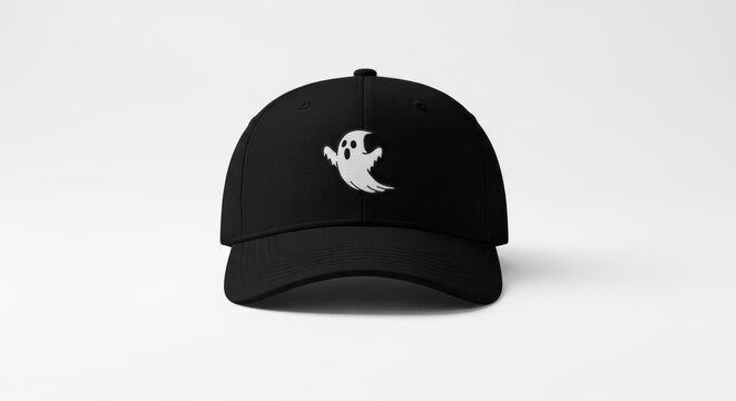 Black cap with embroidered ghost design in a spooky Halloween theme