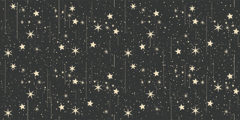 Star rain, Seamless pattern with stars and glowing dots on dark background. Repeating texture of night sky. Space and astronomy concept. Vector illustration.
