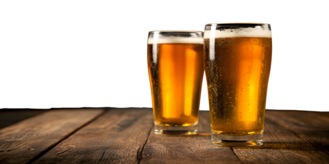 Golden craft beer in tall glasses on rustic wooden table, perfect for refreshing summer enjoyment