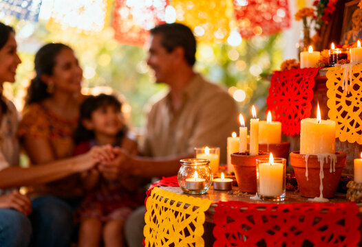 Family celebrating Día de los Muertos with candles and colorful papel picado decorations around a traditional ofrenda altar honoring loved ones
