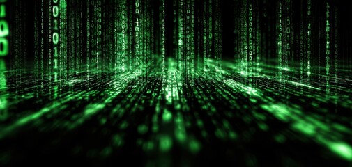 The Digital Data Stream of Green Matrix Code Cascading Over a Virtual Grid