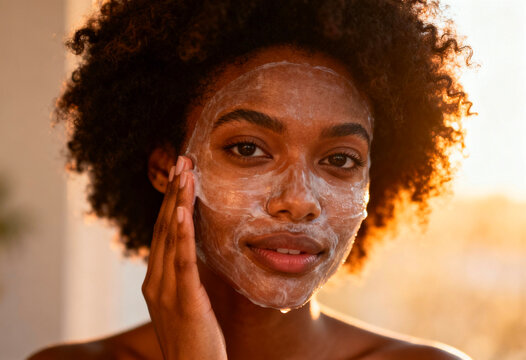 African American woman applying face mask in cozy bedroom at night, practicing skincare routine and self-care for beauty, relaxation and wellness in warm home environment - Powered by Adobe