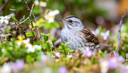 Fototapeta premium Small bird amidst wildflowers