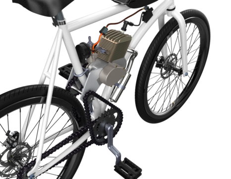 Sleek, isolated 3D motorized bicycle render with integrated petrol engine on transparent HD background. Essential for graphic designers: versatile urban mobility, lightweight recreational push bike,