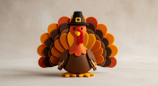 Felt turkey figurine, Thanksgiving hat, brown orange colors, neutral background, autumnal festive decoration, symbolizes harvest, gratitude, celebration