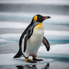 Fototapeta premium A majestic emperor penguin, stands proudly on the icy expanse, embodying the resilience and beauty of the Arctic wilderness.