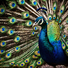 Obraz premium A majestic peacock flaunts its vibrant plumage, each feather a masterpiece of nature's artistry, revealing the bird's splendor and elegance.