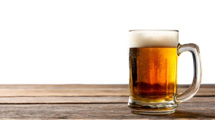 Refreshing pint of cold craft beer with frothy head on rustic wooden table, celebration concept