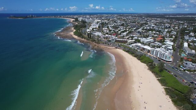 Hotel Accommodations And Restaurants At Alexandra Headland Beach On The Sunshine Coast, QLD, Australia. Aerial Drone Shot