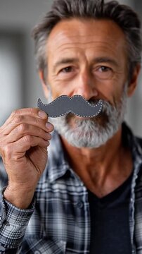 Older man displaying a playful mustache cutout with a smile.