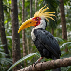 Fototapeta premium A vibrant portrait of a unique bird perched on a branch, a detailed close-up showcases its bold colors and intricate features, set against a natural forest backdrop.