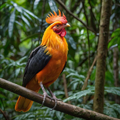 Fototapeta premium A vibrant rooster perched proudly on a branch in a tropical jungle, a symbol of boldness and vibrancy. The vivid color palette brings the jungle scene to life.