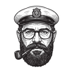 hipster sailor with thick beard and pipe engraving vector illustration
