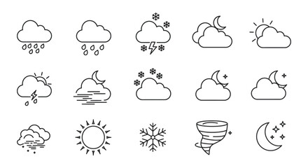 weather icons showing rain snow sun clouds moon and wind
