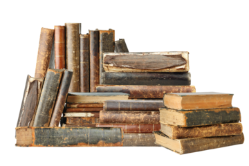 stacks of old, worn books against transparent background