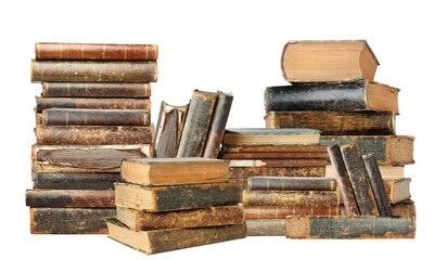 stacks of aged, leather-bound books in a library