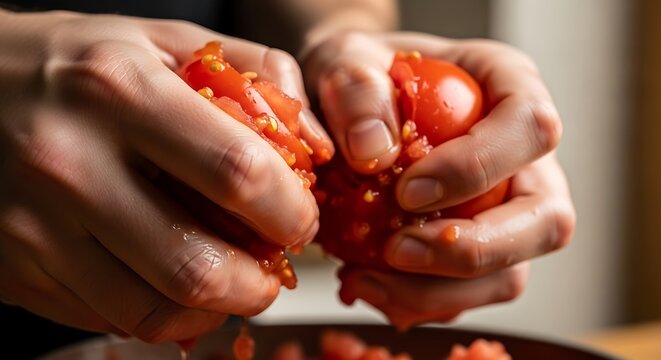 Hands tearing up ripe tomatoes for a rustic preparation process indoors - Powered by Adobe