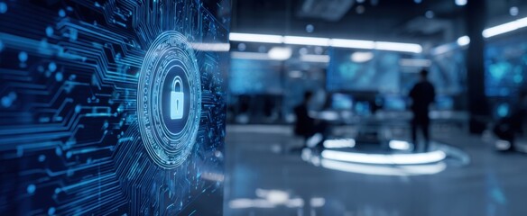The Digital Lock Securing a Futuristic Cybersecurity Command Center with Network Visualization