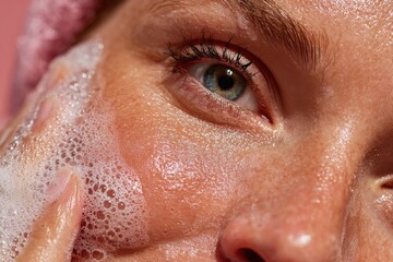 Close-up of a woman's face with soapy cleanser, bubbly foam, and blue eye