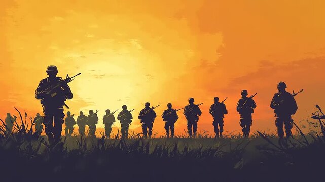 Brave platoon of military soldiers silhouetted against a golden sunset, a solemn tribute for Memorial or Veterans Day