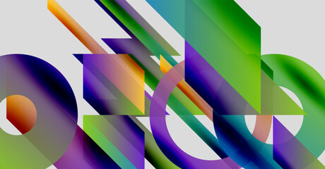 Abstract composition. Vibrant gradients intersect, forming dynamic shapes. Colors blend, creating modern visual experience.