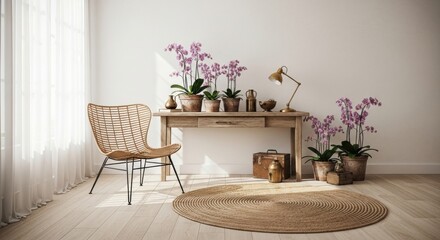 Serene Interior with Wicker Chair, Wooden Desk, and Blooming Orchids in Natural Light