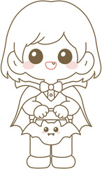 Cute Little Dracula Girl Coloring Page – Halloween Line Art Illustration