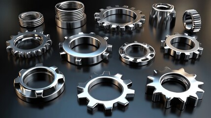 Chrome metallic washers and nuts on dark surface