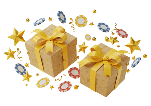 Gifts stars and casino chips festive 3 d render with transparent background