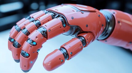 Close-up of a robotic hand, showcasing intricate mechanical details and a reddish-orange finish