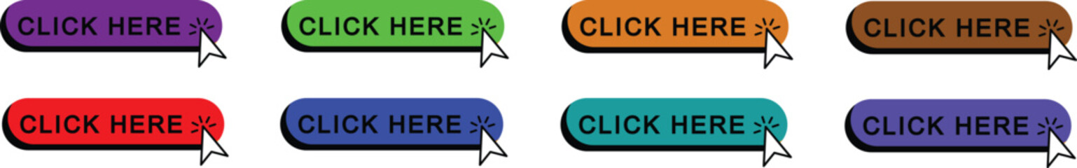 Click Here Button Icon set.Pointer Click button. Modern action button mouse click symbol. Computer mouse click cursor or Hand pointer symbol. Cursor arrow icon. Clicking finger. Vector illustration.