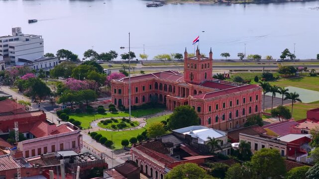 Aerial view of Palacio de L&oacute;pez along the Costanera by the Paraguay River, Asunci&oacute;n