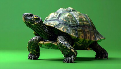 Obraz premium Turtle standing alert, facing slightly right. Smooth, green background with soft shadows. Detailed shell texture