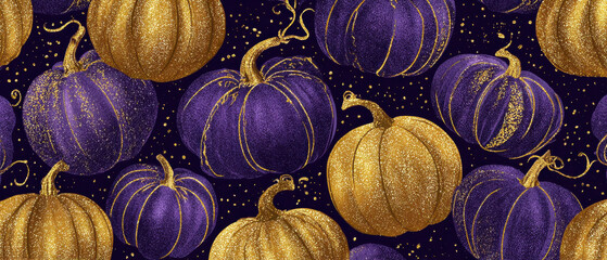 Gold and purple pumpkins with glitter on dark background create festive Halloween vibe