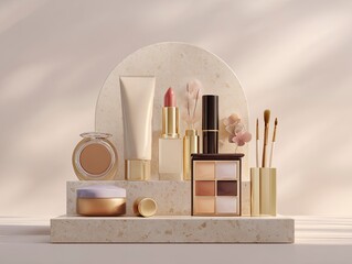 3D render of a beautiful cosmetics collection on a minimalistic podium, isolated against a pastel background.