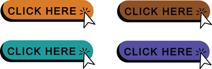 Click Here Button Icon set.Pointer Click button. Modern action button mouse click symbol. Computer mouse click cursor or Hand pointer symbol. Cursor arrow icon. Clicking finger. Vector illustration.