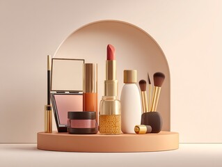 3D render of a beautiful cosmetics collection on a minimalistic podium, isolated against a pastel background.