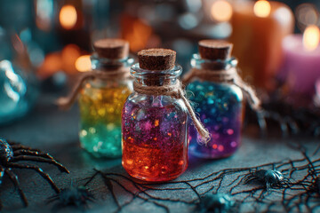 Colorful potion bottles with corks and glowing contents on Halloween themed table
